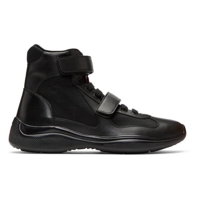 Photo: Prada Black Leather and Mesh Velcro High-Top Sneakers