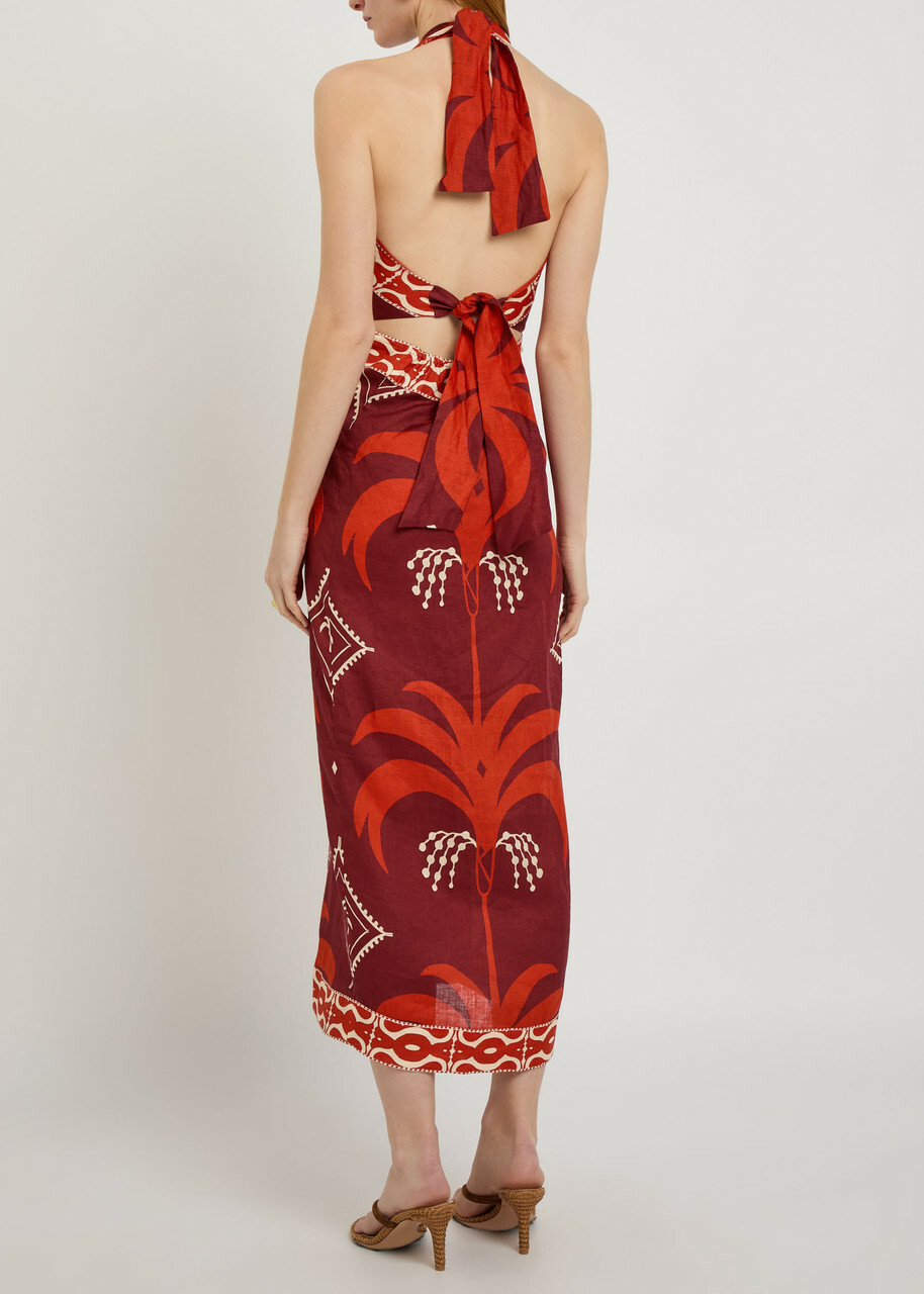 Johanna Ortiz Buen Viento Halterneck Linen Midi Dress Red