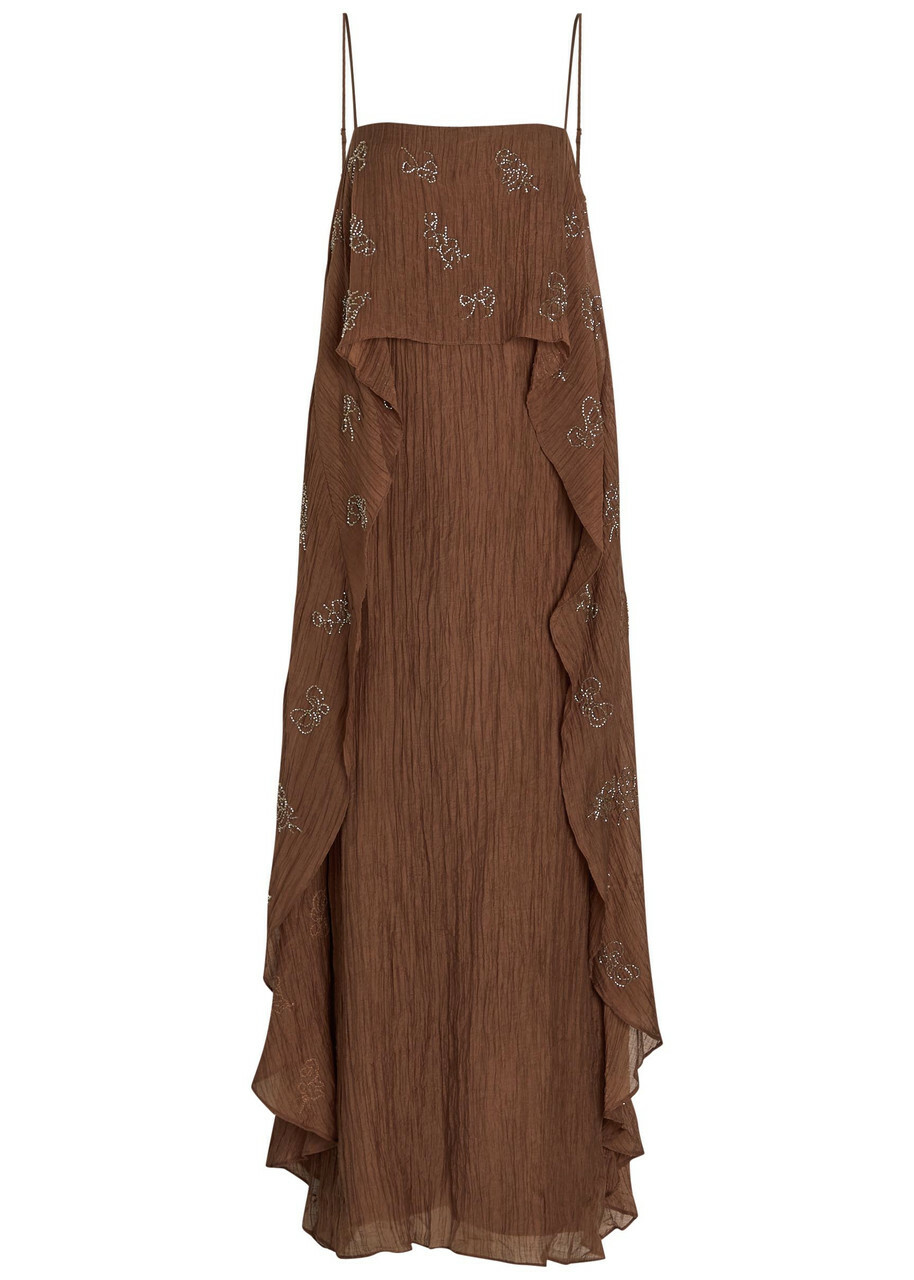 Staud Valencia Bead-embellished Crinkled Plissé Midi Dress Brown