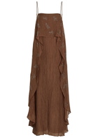 Staud Valencia Bead-embellished Crinkled Plissé Midi Dress Brown