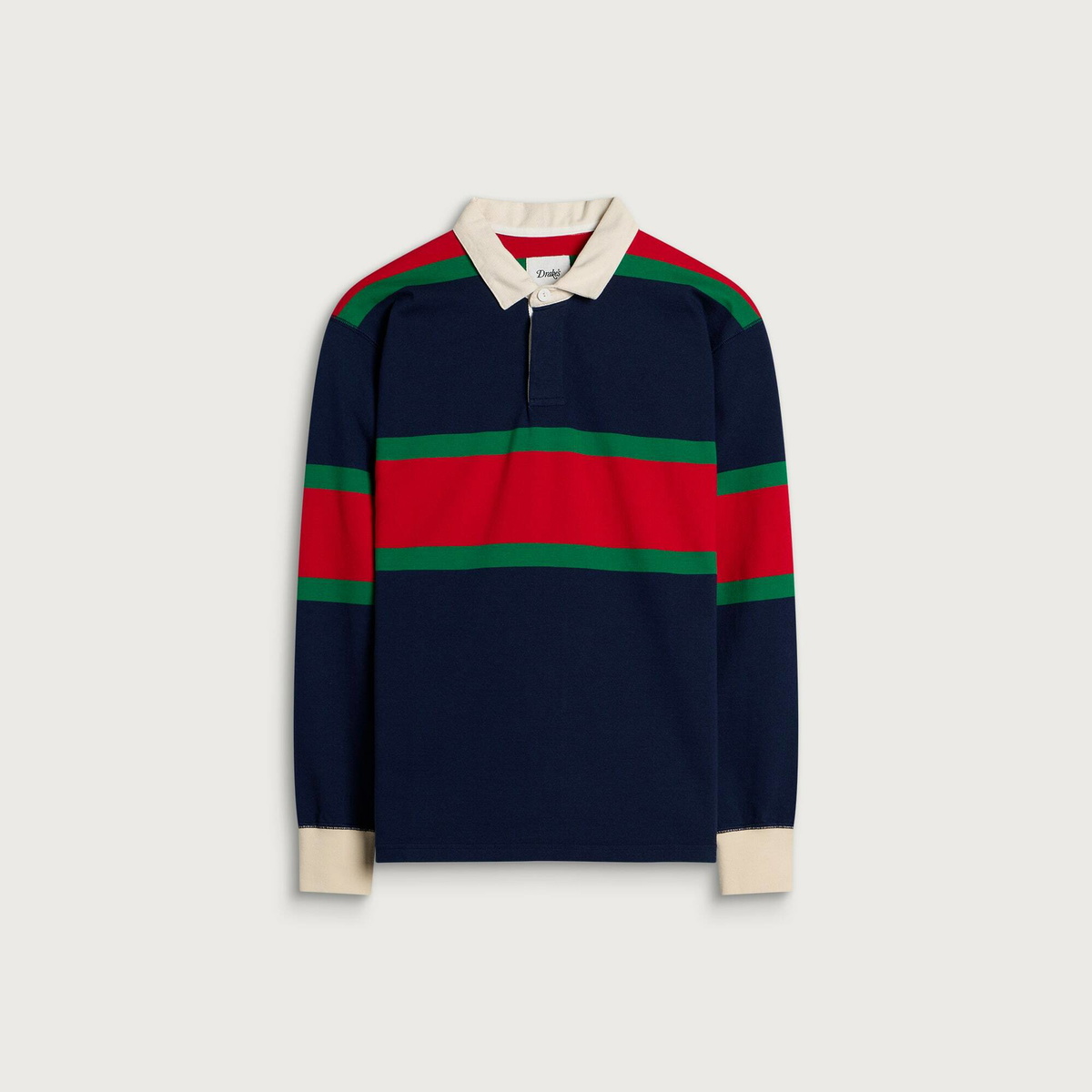 Drake's Men's Middle Stripe Rugby Shirt in Navy/Red/Green