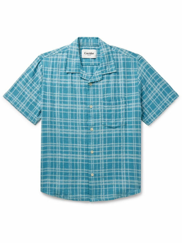 Photo: Corridor - Camp-Collar Checked Cotton and Linen-Blend Shirt - Blue