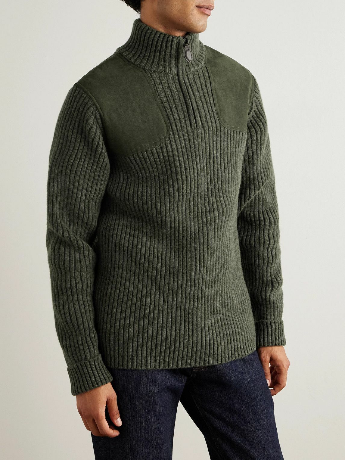 Purdey - Commando Suede-Trimmed Ribbed Wool Half-Zip Sweater - Green