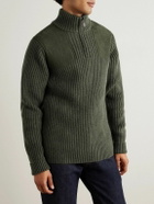 Purdey - Commando Suede-Trimmed Ribbed Wool Half-Zip Sweater - Green