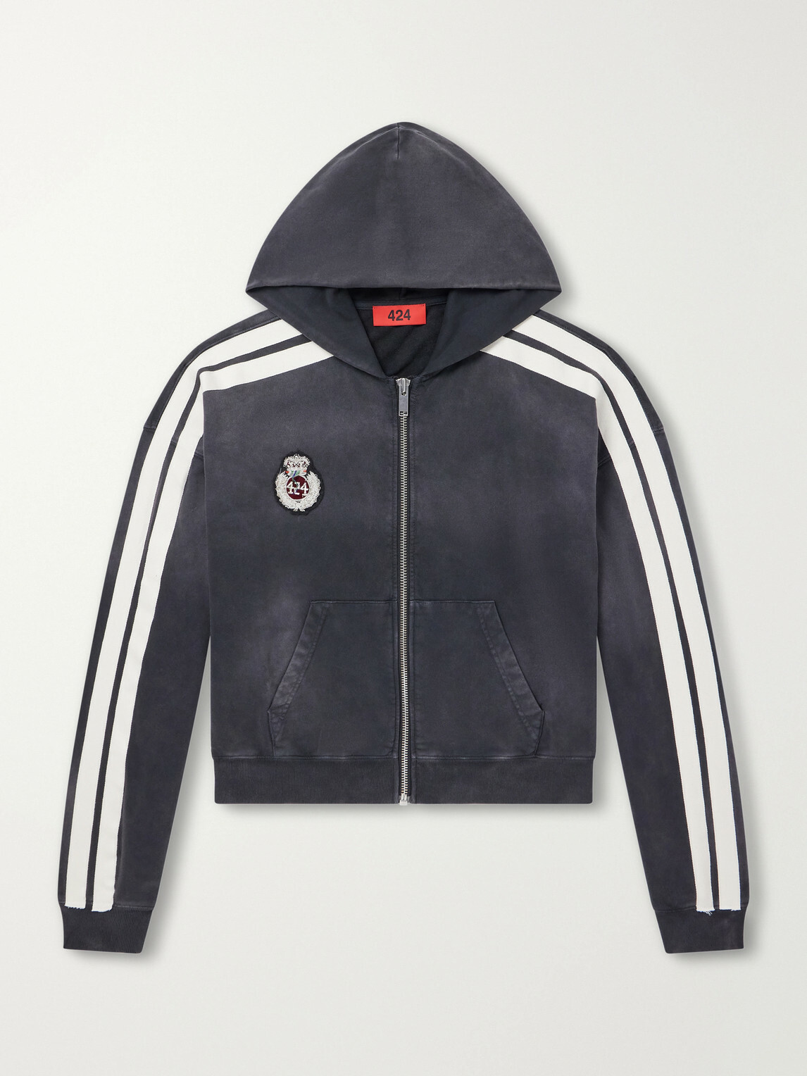 424 - Logo-Embroidered Distressed Cotton-Jersey Zip-Up Hoodie - Black