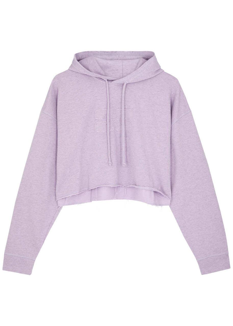 Ganni Isoli Hooded Cropped Cotton Sweatshirt Lilac