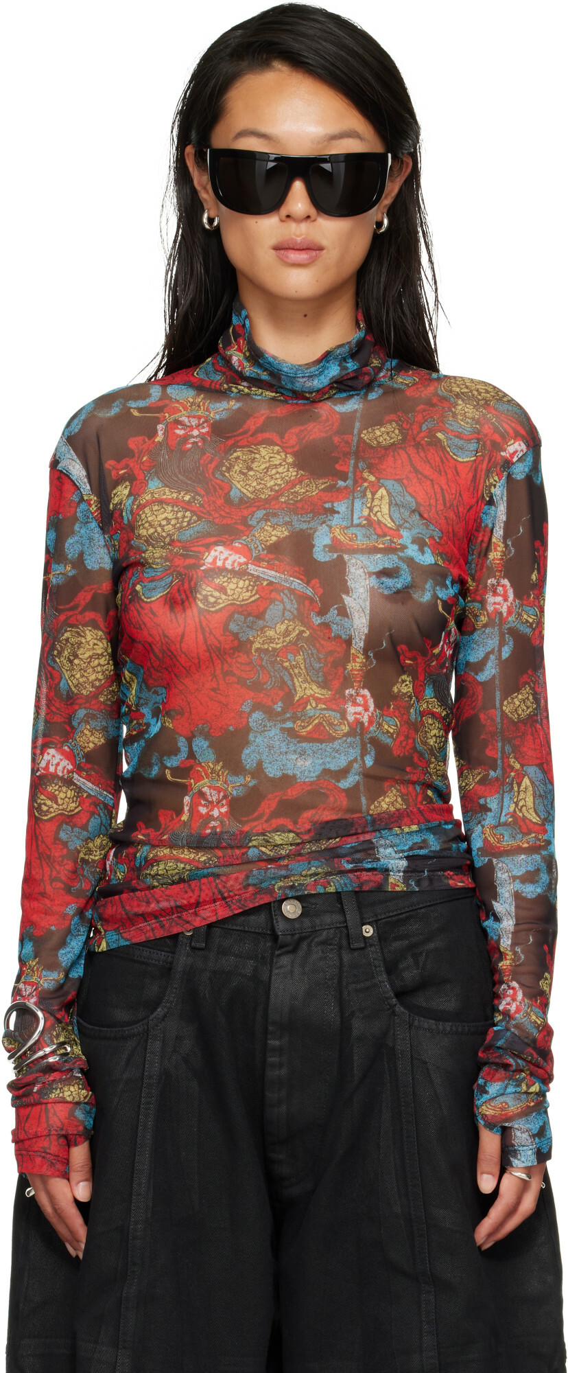 LU'U DAN Red Masked Mesh Turtleneck