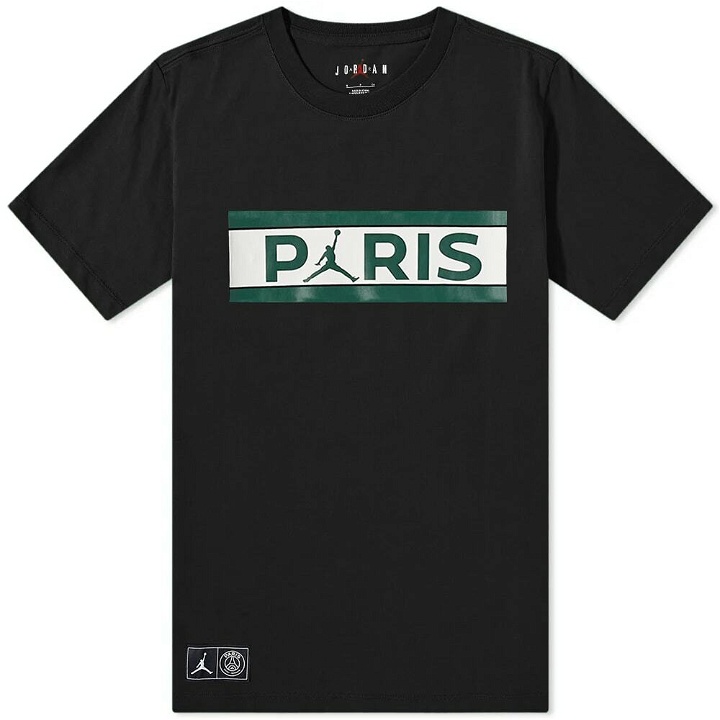 Photo: Air Jordan Men's PSG Wordmark T-Shirt in Black/Noble Green