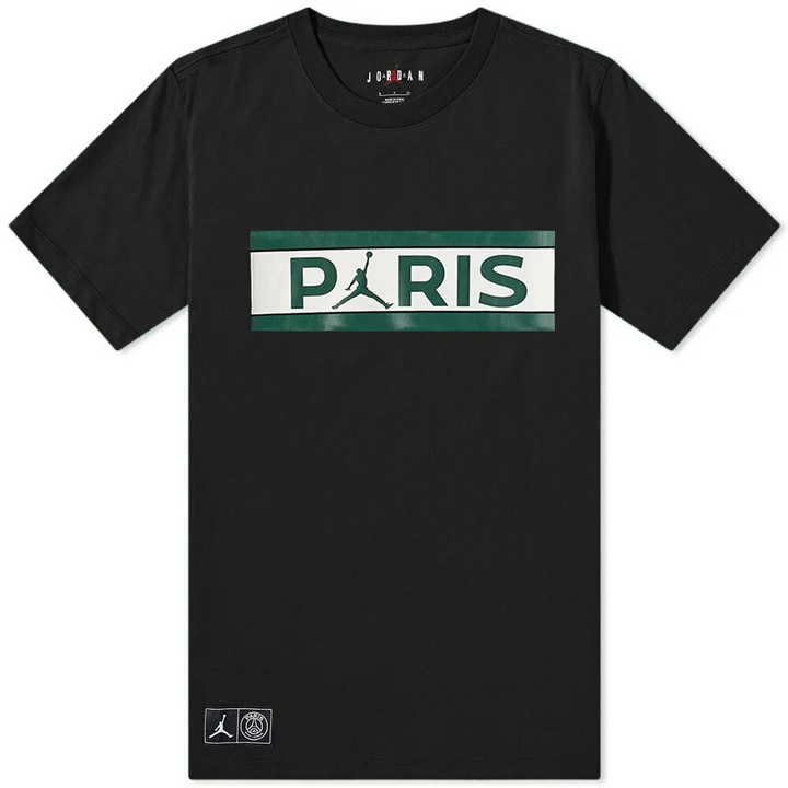 Photo: Air Jordan Men's PSG Wordmark T-Shirt in Black/Noble Green