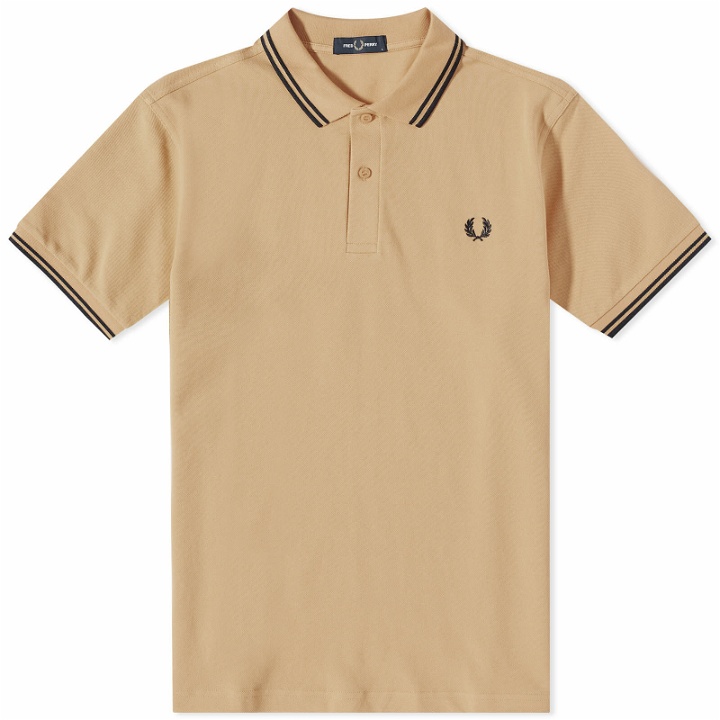 Photo: Fred Perry Men's Slim Fit Twin Tipped Polo Shirt in Warm Stone/Snow White/Black