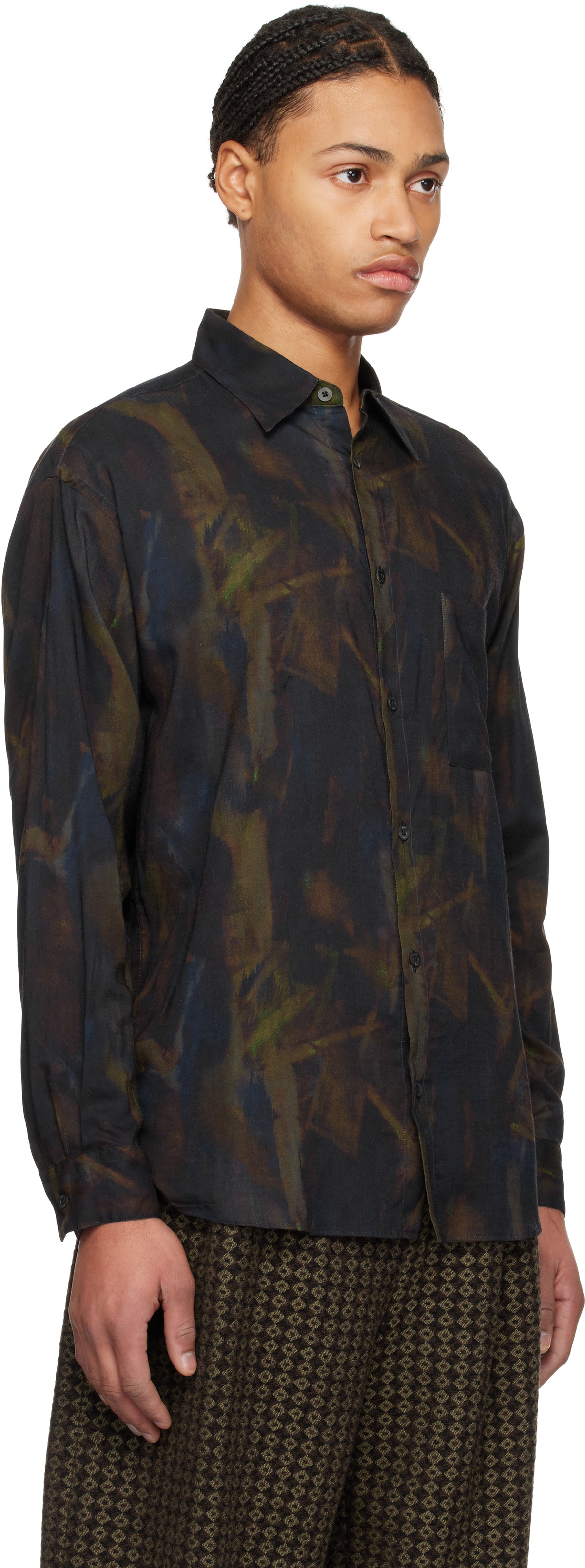 YOKE Navy Twill Patterned Regular Collar Shirt