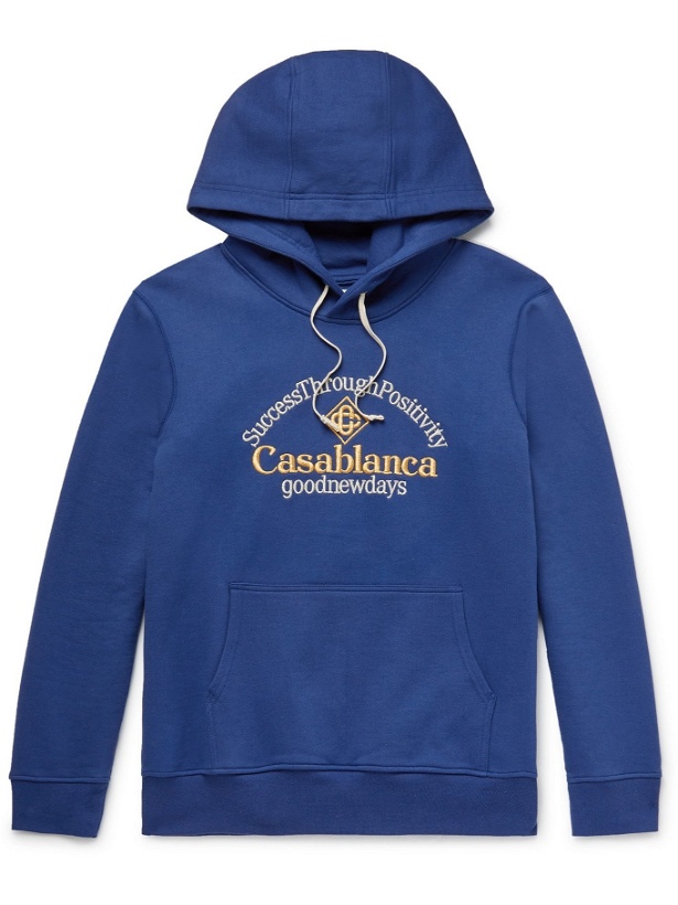 Photo: CASABLANCA - Embroidered Organic Cotton-Jersey Hoodie - Blue - S