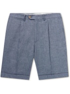 De Petrillo - Slim-Fit Pleated Linen Bermuda Shorts - Blue