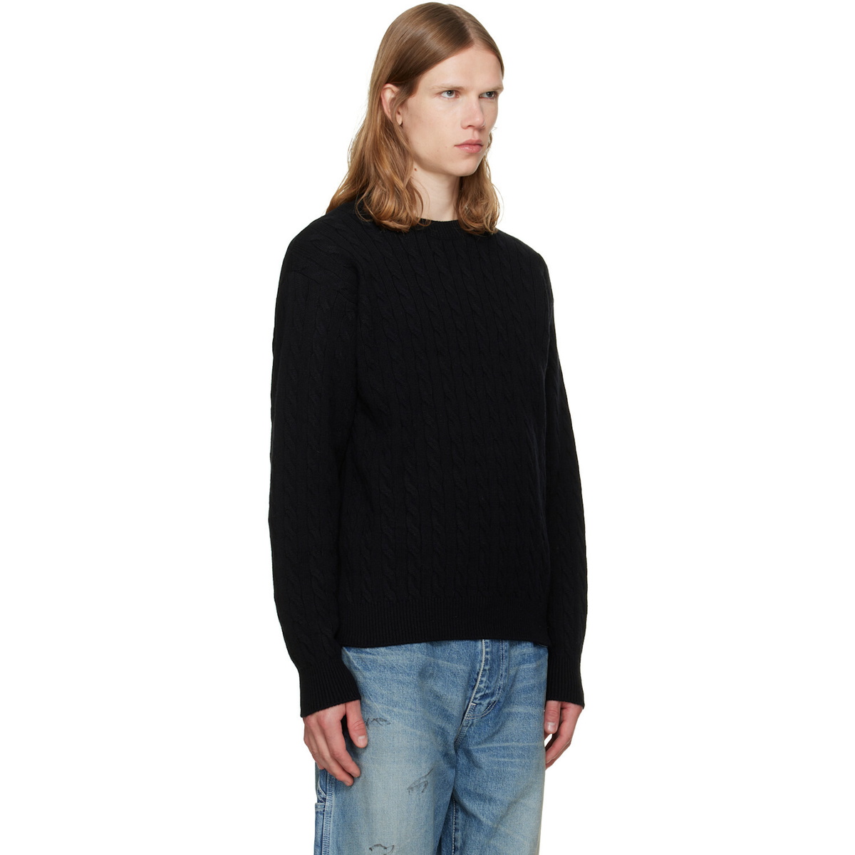 vowels Black Cable Knit Crewneck Sweater