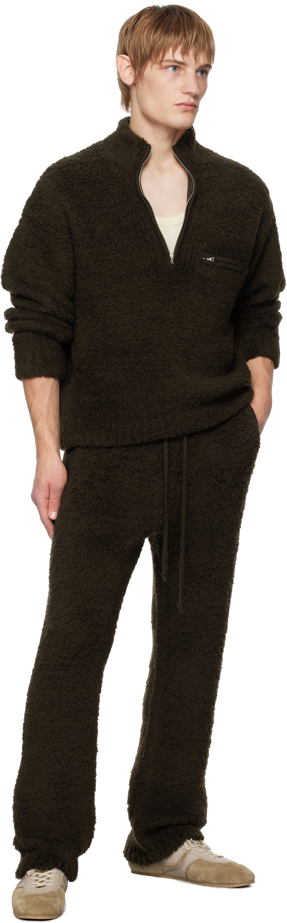 AURALEE Brown Merino Wool Boa Knit Half Zip Sweater Auralee AURALEE Brown Merino Wool Boa Knit Half Zip Sweater Auralee
