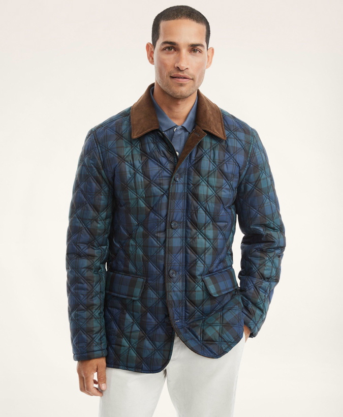 Photo: Brooks Brothers Men's Paddock Quilted Black Watch Walking Coat | Navy/Green