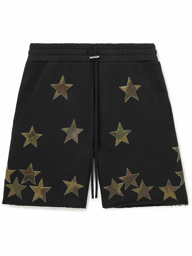Photo: AMIRI - Camouflage-Print Leather-Appliquéd Cotton-Jersey Drawstring Shorts - Black