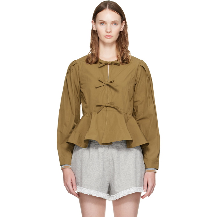Photo: GANNI Khaki Compact Poplin Long Sleeve Peplum Blouse