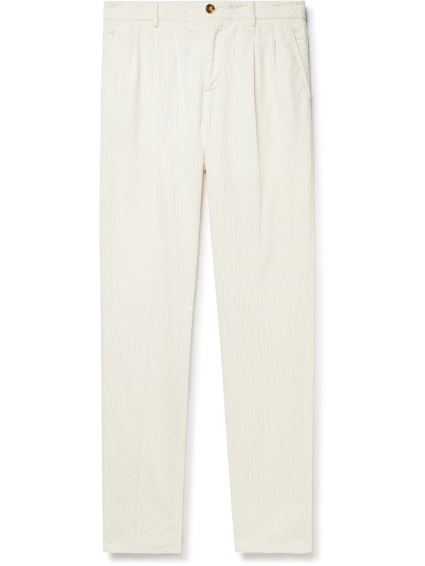 Photo: Brunello Cucinelli - Straight-Leg Pleated Cotton-Corduroy Trousers - Neutrals