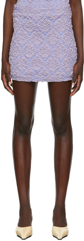 Photo: Gauntlett Cheng SSENSE Exclusive Purple Knit Bandage Miniskirt