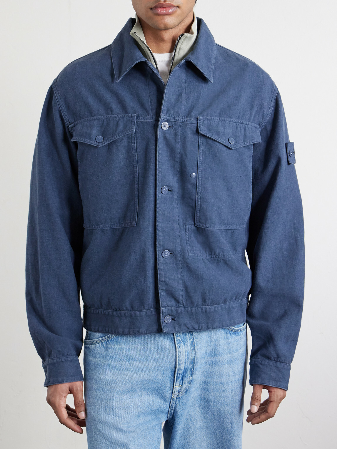Stone Island - STONE ISLAND GHOST Linen-Blend Trucker Jacket - Blue