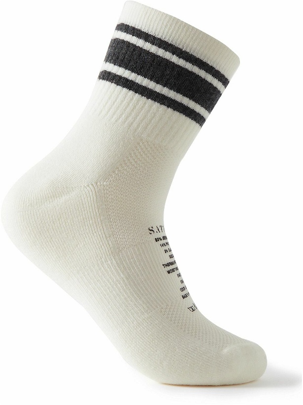 Photo: Satisfy - Striped Logo-Print Ribbed Merino Wool-Blend Socks - White