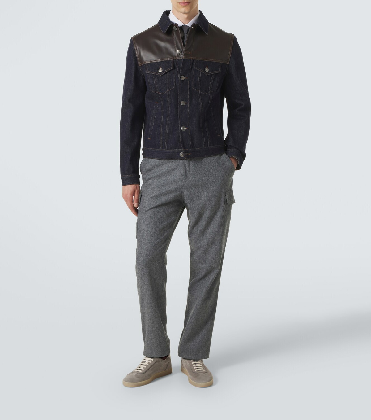 Brunello Cucinelli Leather-paneled denim jacket