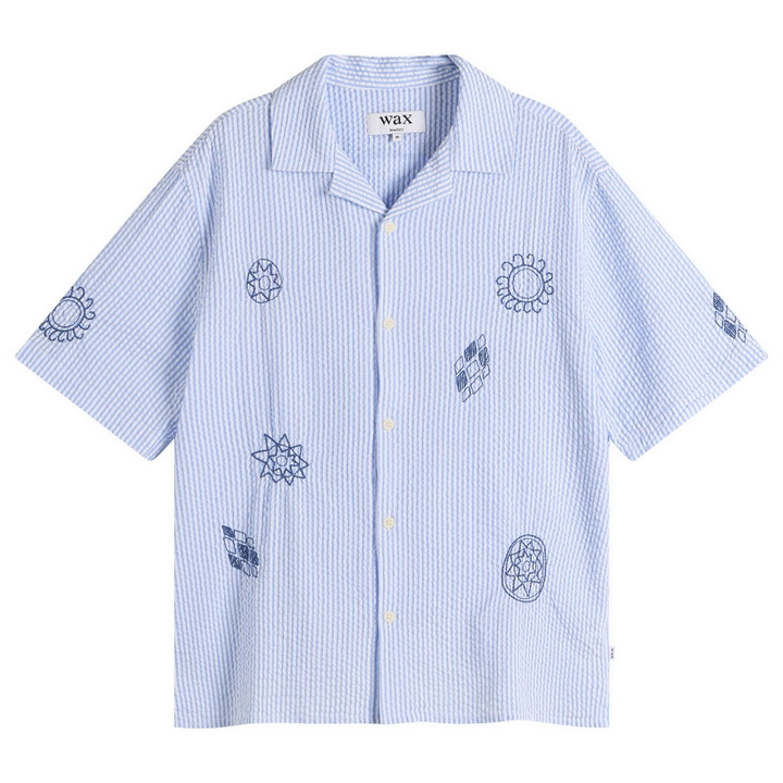 Photo: Wax London Men's Didcot Seersucker Doodle Vacation Shirt in Blue/Ecru