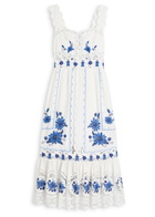 Farm Rio Floral-embroidered Linen-blend Midi Dress Black And White