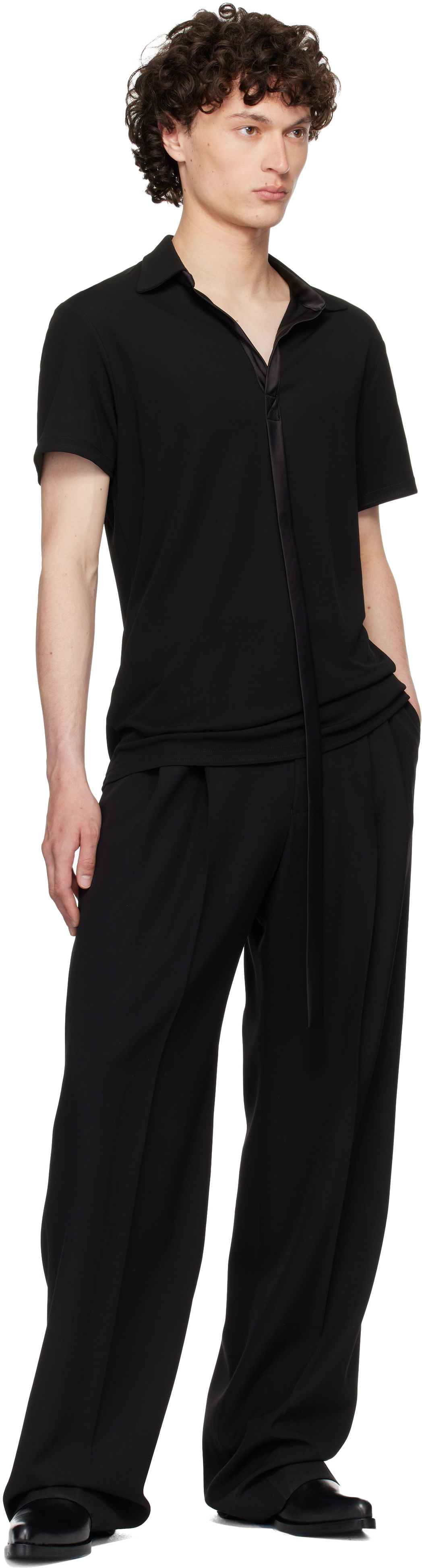 AARON ESH Black Satin Strip Viscose Polo