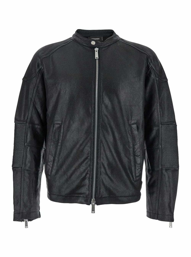 Photo: Dsquared2 Black Biker Jacket With Zip Closure And Twinbro Logo Imprinted On The Back In Leather Man