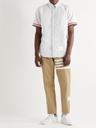 THOM BROWNE - Grosgrain-Trimmed Button-Down Collar Striped Cotton-Seersucker Shirt - Gray