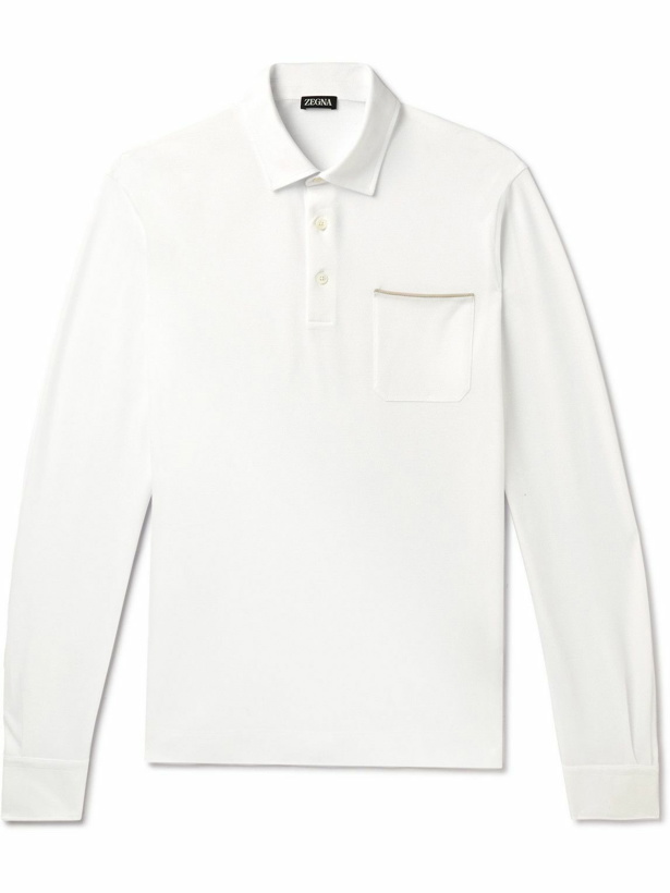 Photo: Zegna - Leather-Trimmed Cotton-Piqué Polo-Shirt - White