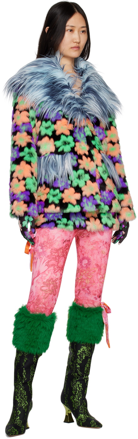 SHUTING QIU Blue Floral Faux-Fur Jacket