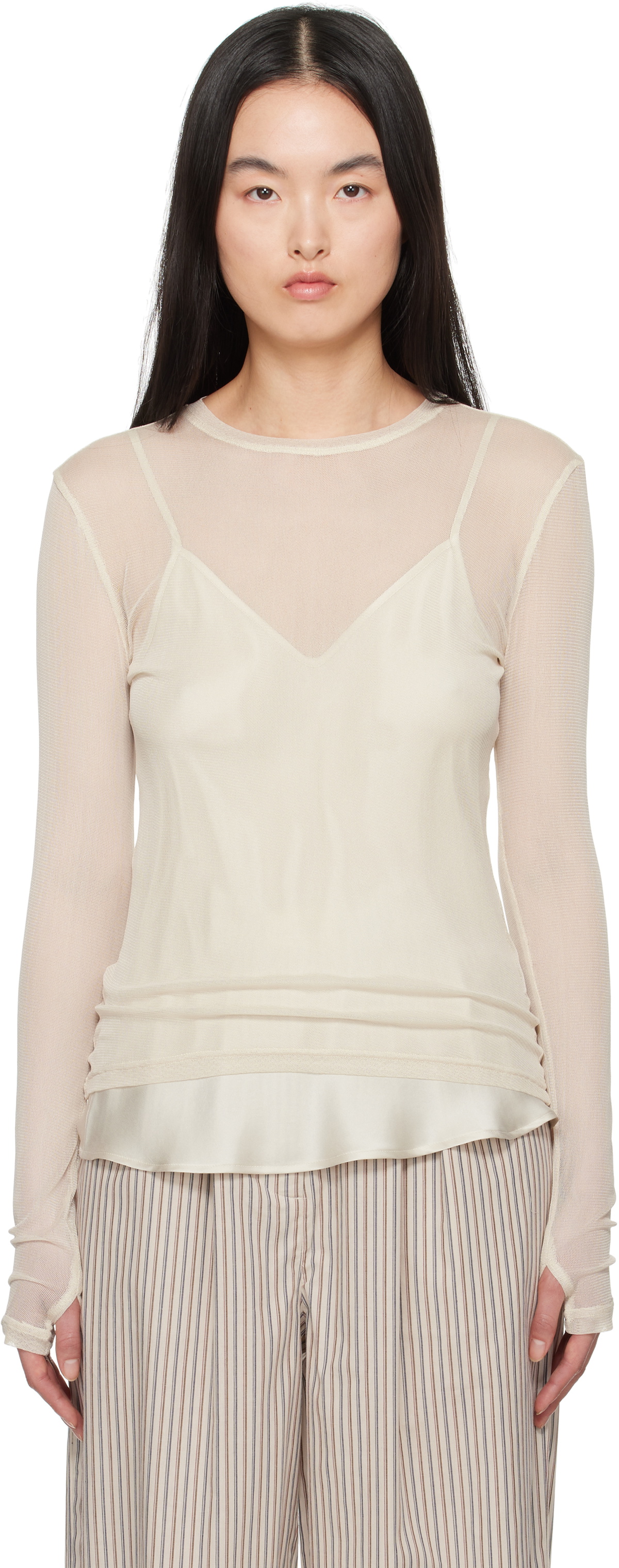 Silk Laundry Beige Mesh Long Sleeve T-shirt