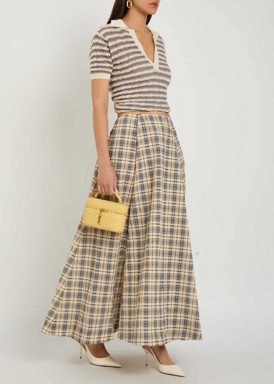 Bernadette Kennedy Plaid Seersucker Maxi Skirt Beige