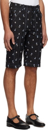 Anna Sui Black Embroidered Roses Denim Cargo Shorts
