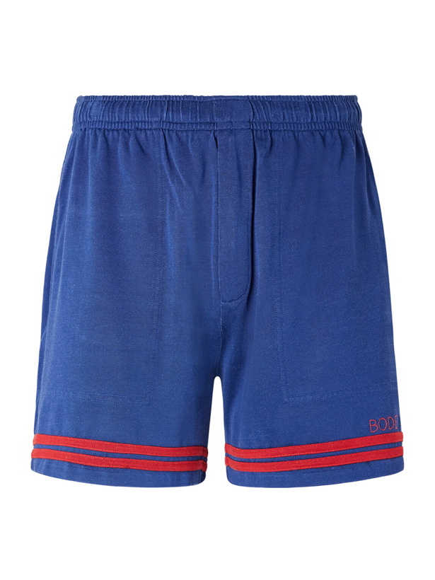 Photo: BODE - Lakewood Straight-Leg Logo-Embroidered Striped Jersey Shorts - Blue