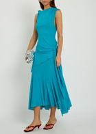 Ganni Draped Asymmetric Mesh Midi Dress Light Blue
