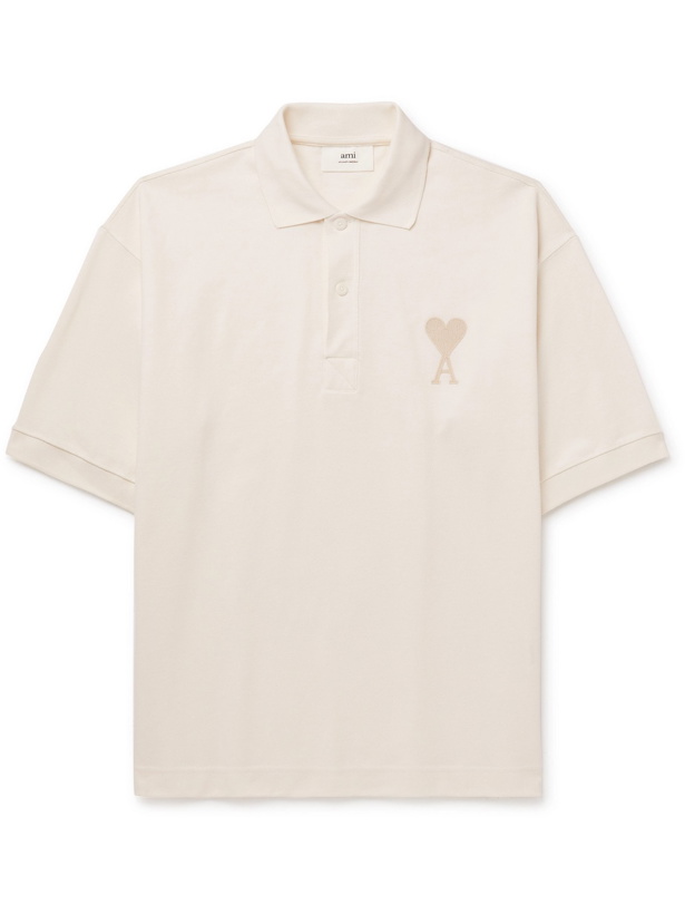 Photo: AMI PARIS - Logo-Embroidered Cotton-Piqué Polo Shirt - Neutrals