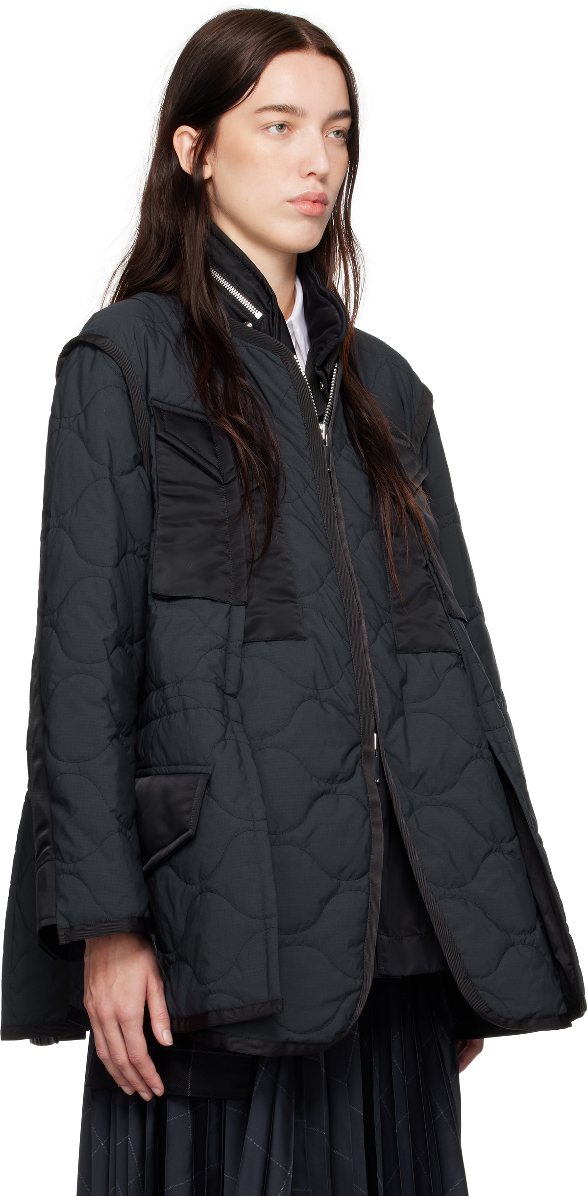 sacai Navy & Black Rip Stop Quilted Coat Sacai