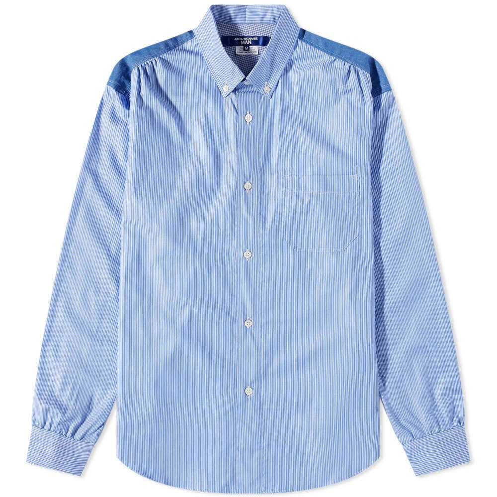 Photo: Junya Watanabe MAN Men's Cotton Broadstripe Mix Panel Shirt in Blue/White