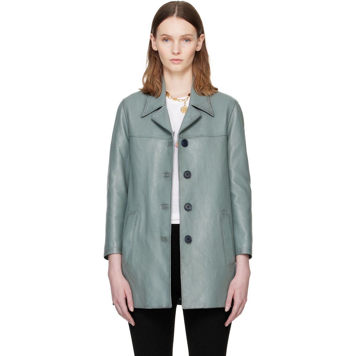 Chloé Blue Single-Breasted Long Leather Jacket