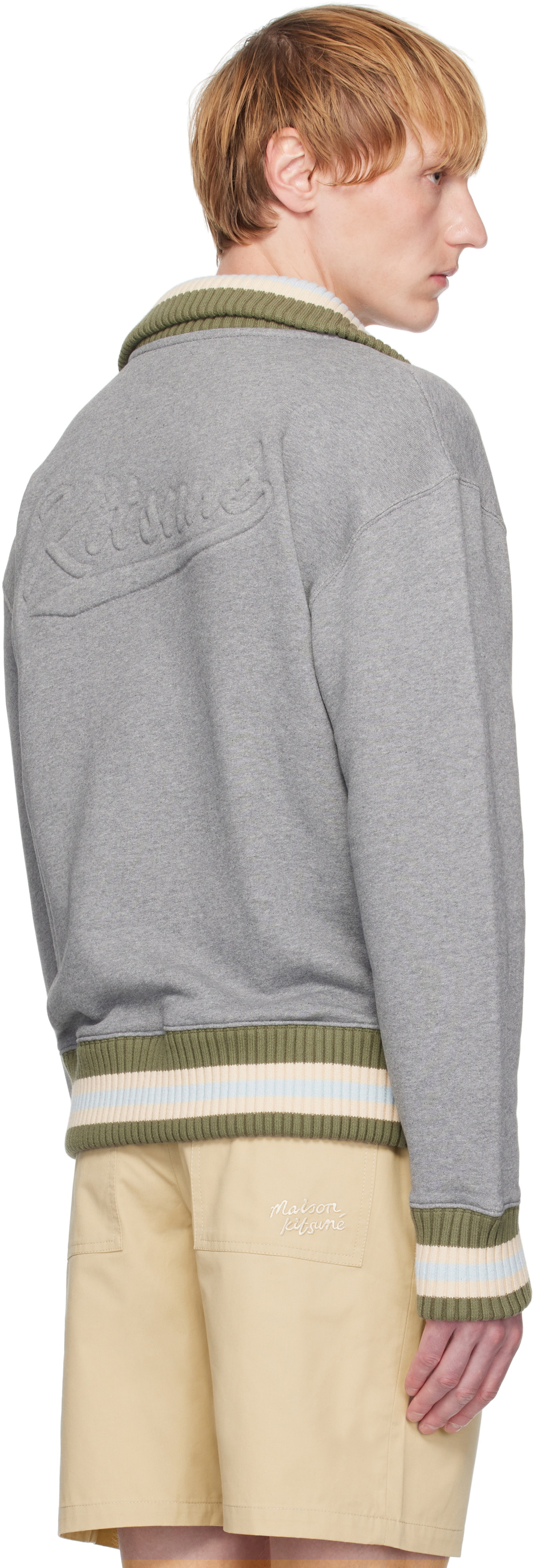 Maison Kitsuné Gray Varsity Zipped Bomber Jacket