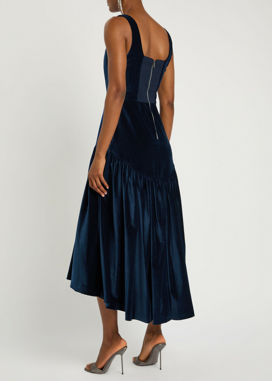 Alice + Olivia Diana Structured Velvet Midi Dress Dark Blue