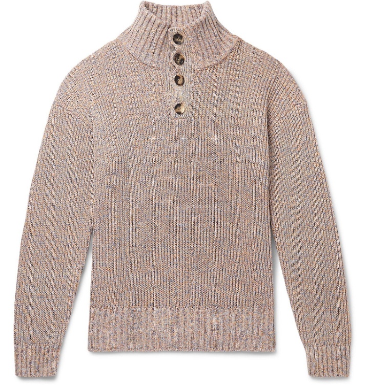 Photo: Loewe - Ribbed Mélange Cotton-Blend Henley Sweater - Neutrals