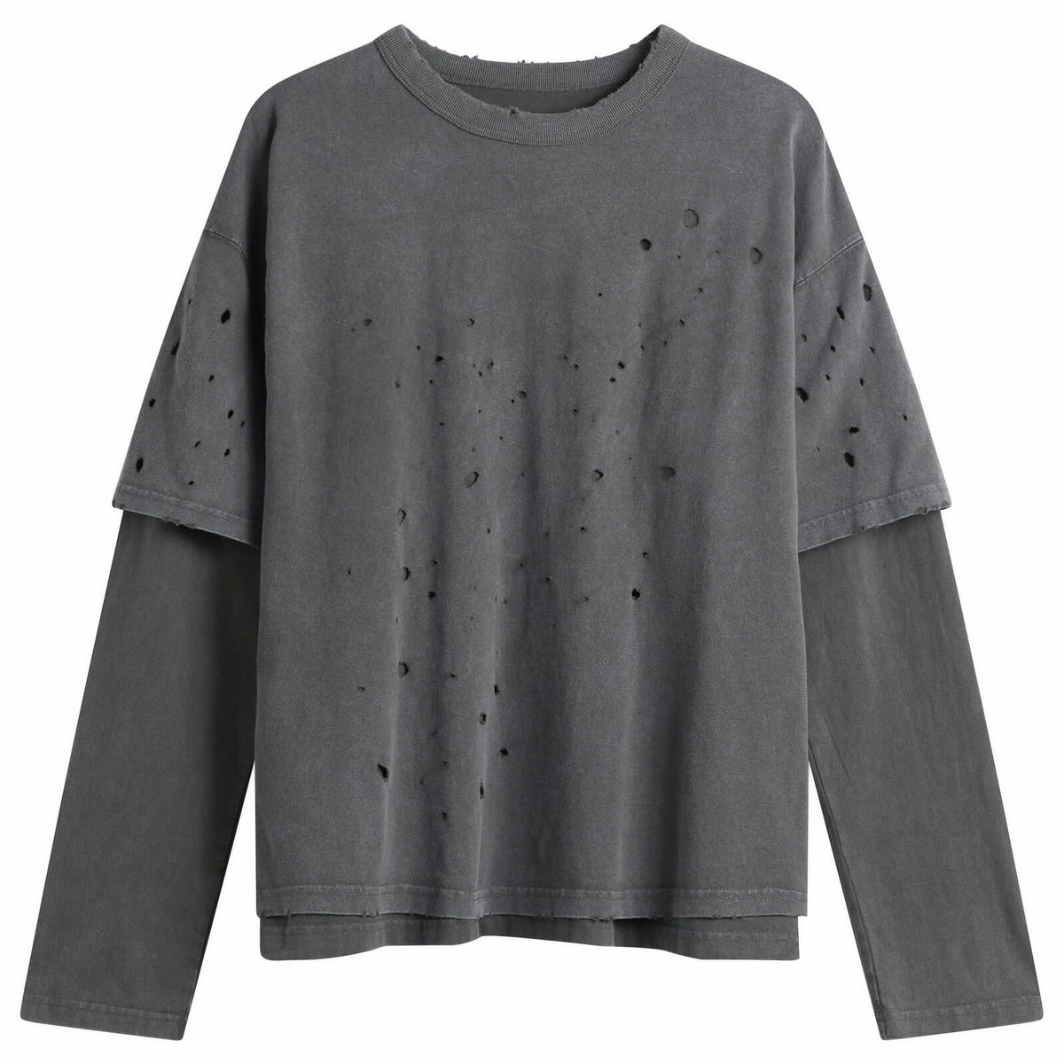BEAMS Men's Layered Damage Long Sleeve T-Shirt in Black/Black