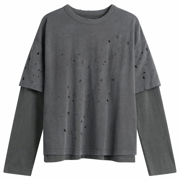 Photo: BEAMS Men's Layered Damage Long Sleeve T-Shirt in Black/Black