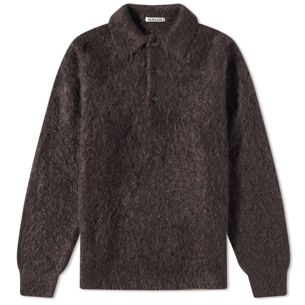 Auralee Men's Long Sleeve Brushed Mohair Polo Shirt in Dark Brown