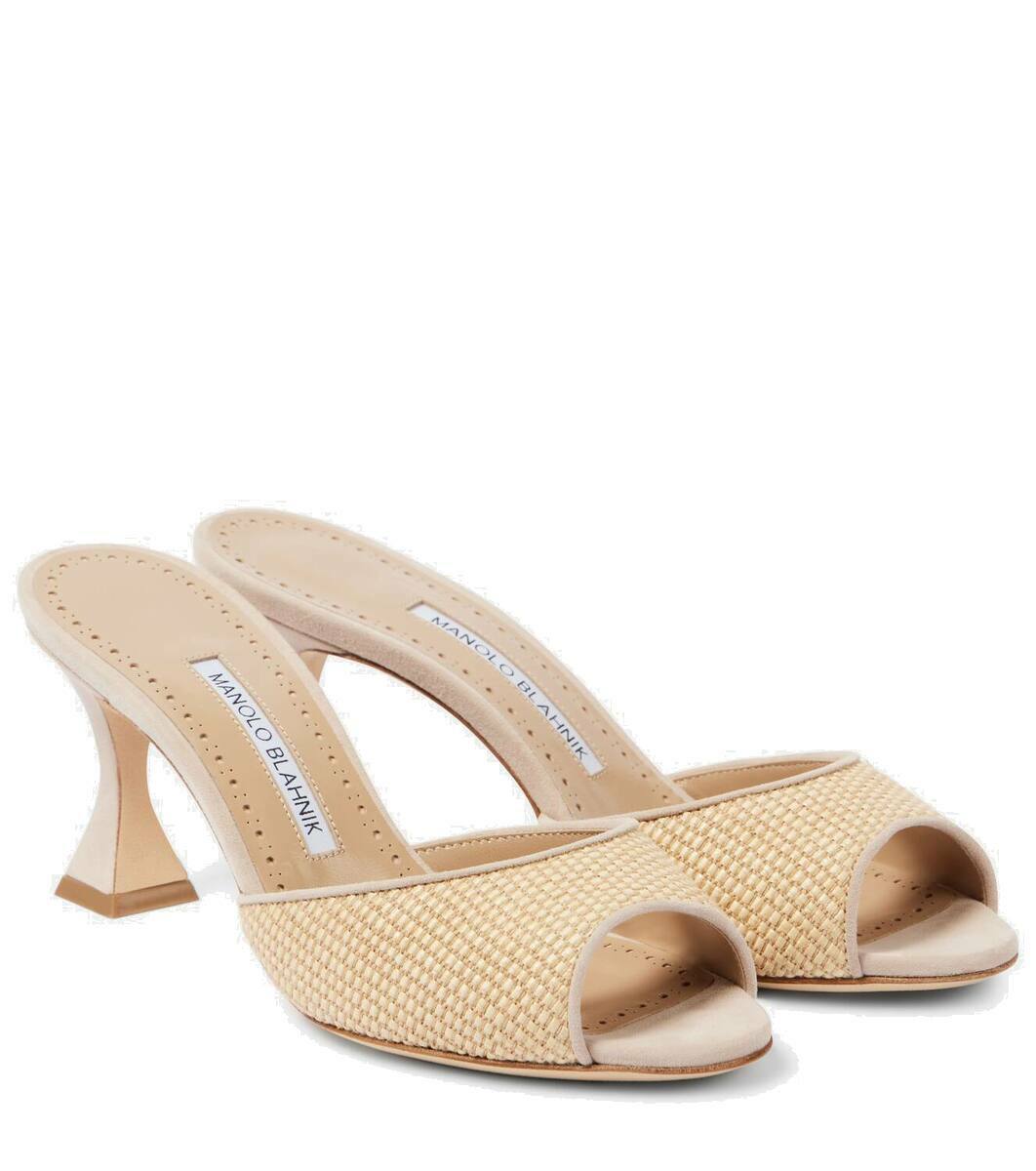 Manolo Blahnik>>メイセール 70 レザートリム ラフィア ミュール Maysale 70 leather-trimmed raffia mules in red - Manolo